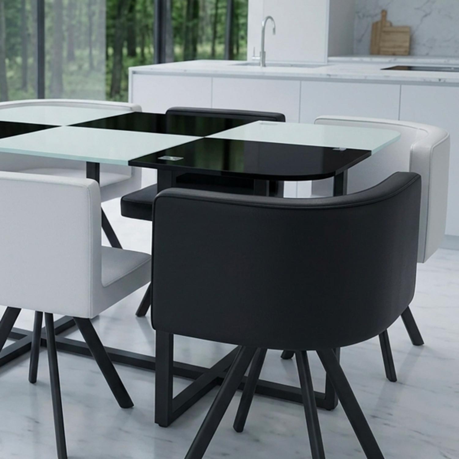 Table 90x150cm avec 6 sièges gain de place Mosaic XL Verre Noir/Blanc et Métal noir