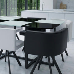 Table 90x150cm avec 6 sièges gain de place Mosaic XL Verre Noir/Blanc et Métal noir