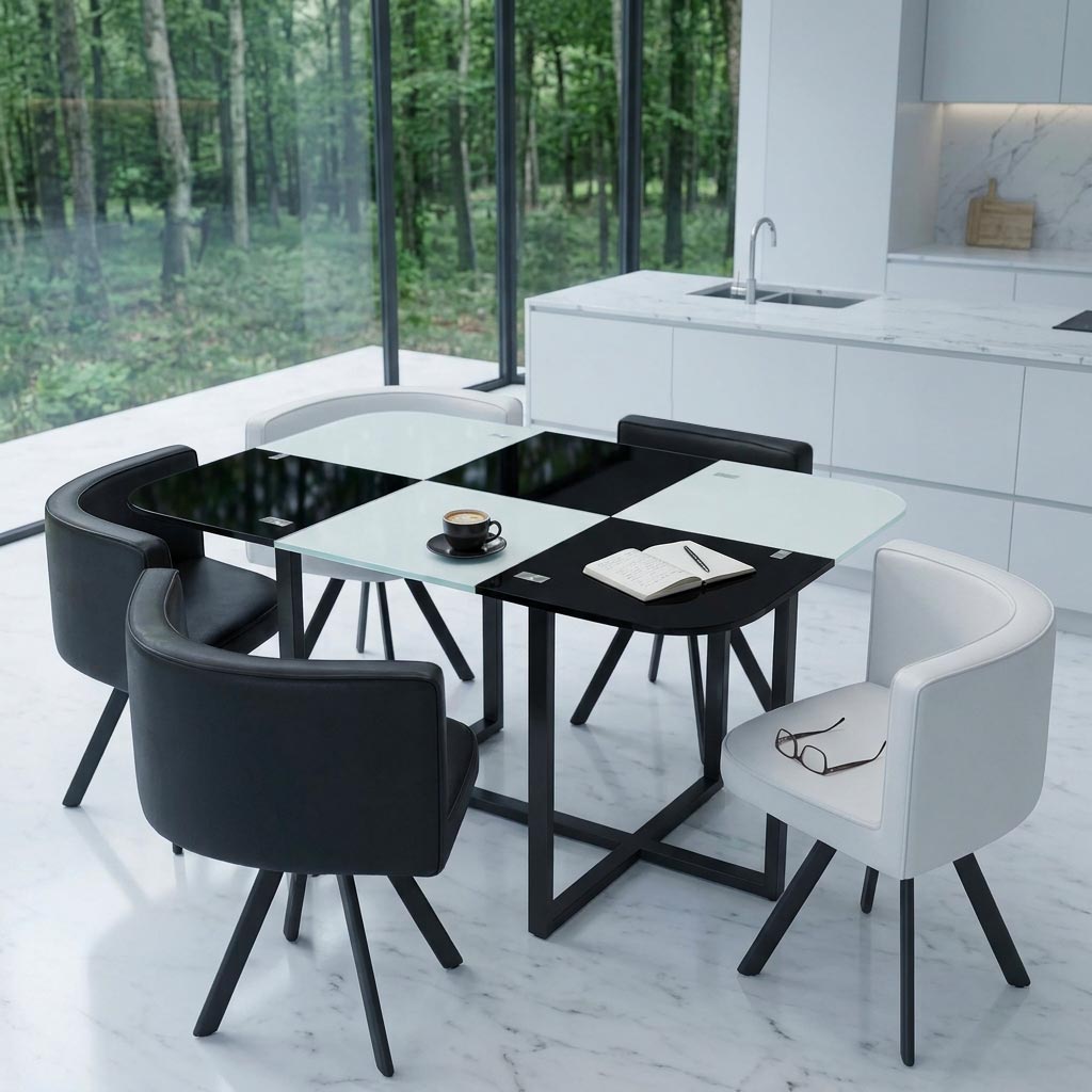 Table 90x150cm avec 6 sièges gain de place Mosaic XL Verre Noir/Blanc et Métal noir