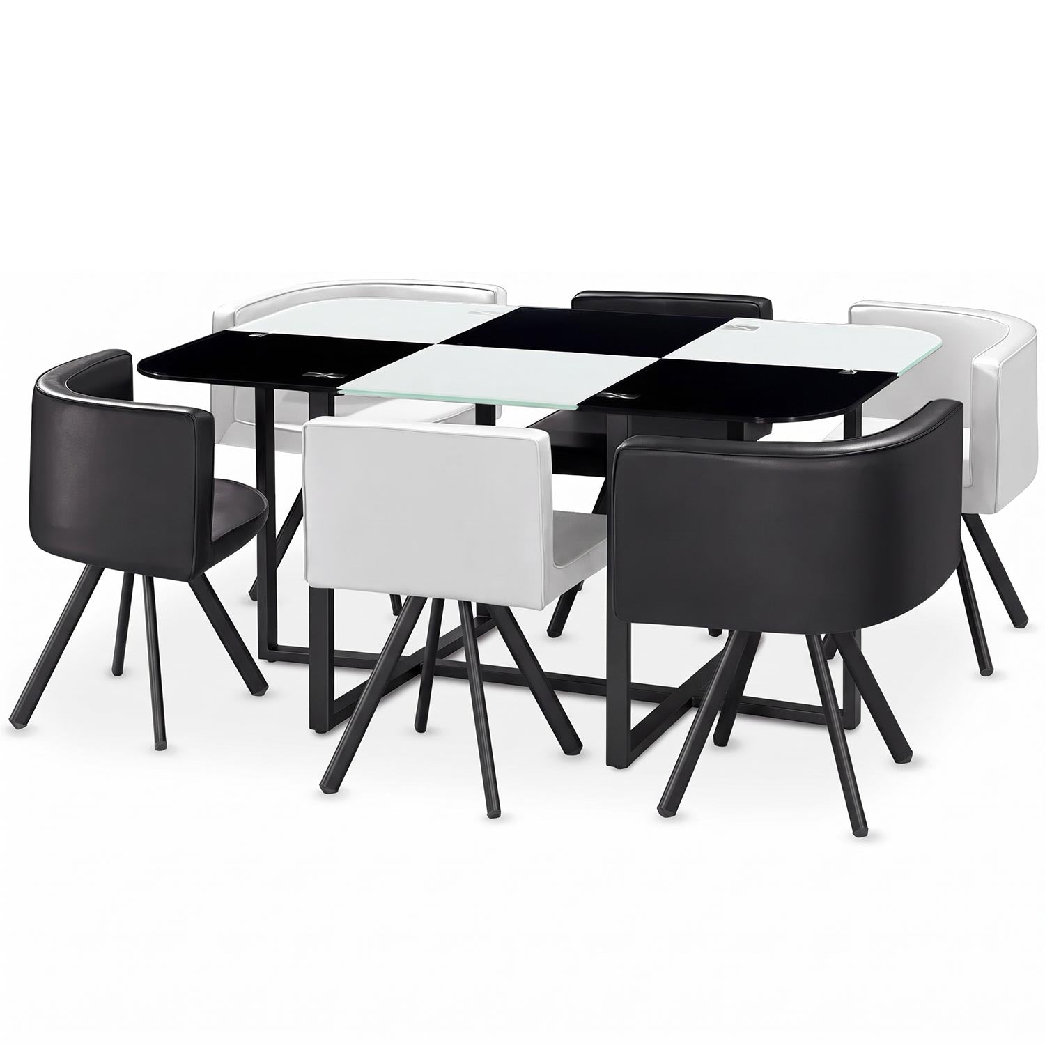 Table 90x150cm avec 6 sièges gain de place Mosaic XL Verre Noir/Blanc et Métal noir