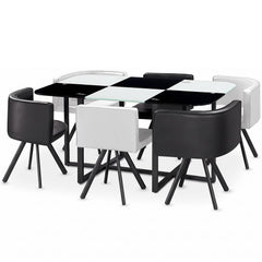 Table 90x150cm avec 6 sièges gain de place Mosaic XL Verre Noir/Blanc et Métal noir