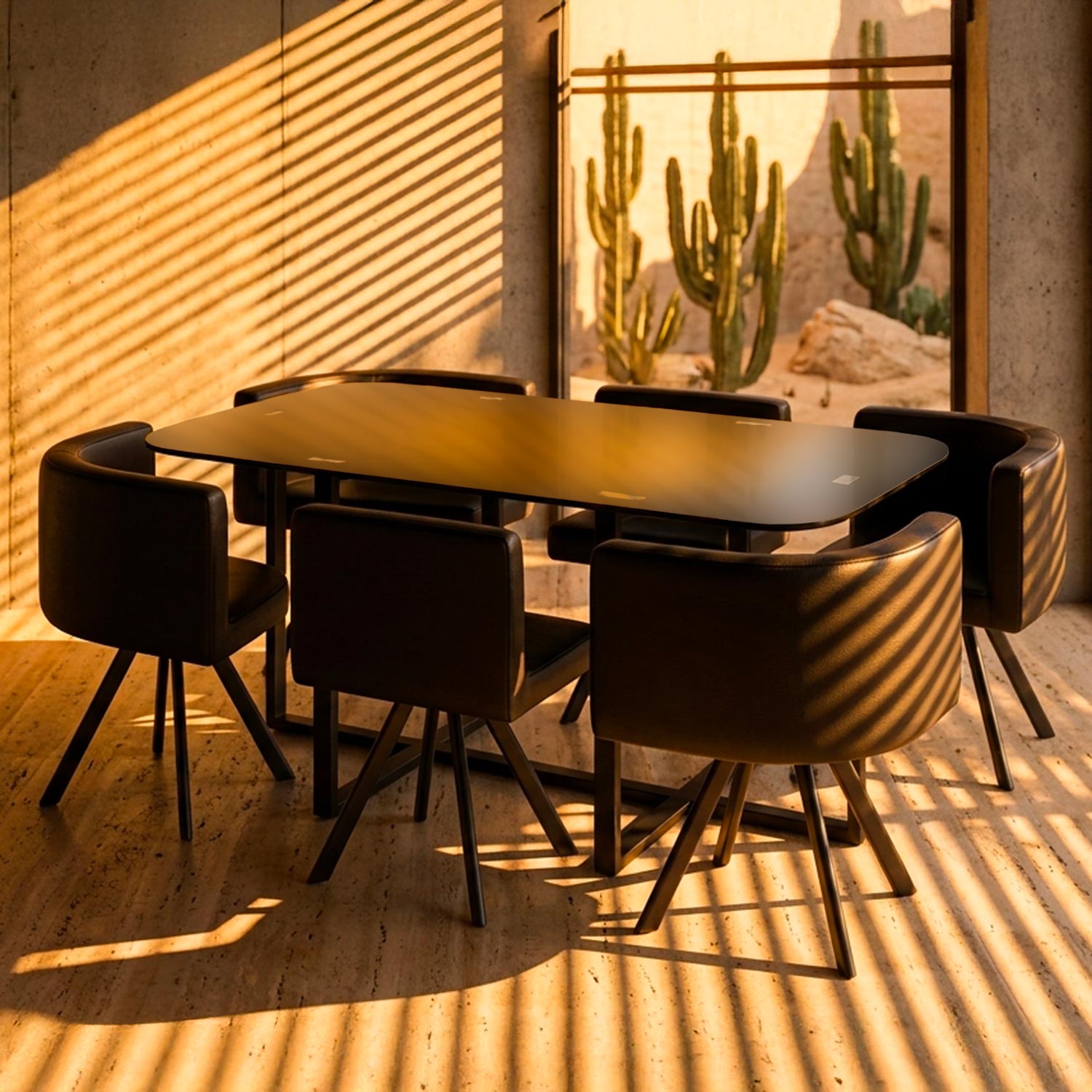 Table 90x150cm avec 6 sièges gain de place Mosaic XL Verre Noir mat et Métal noir
