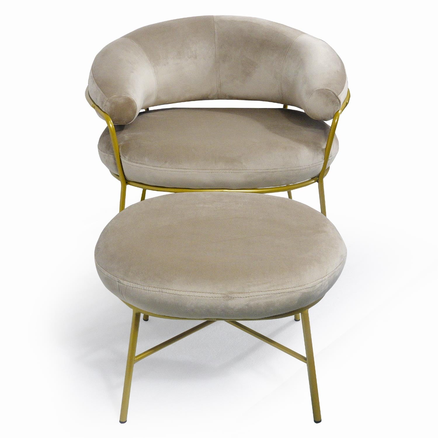 Fauteuil + pouf Nanty Velours Taupe Pieds Or