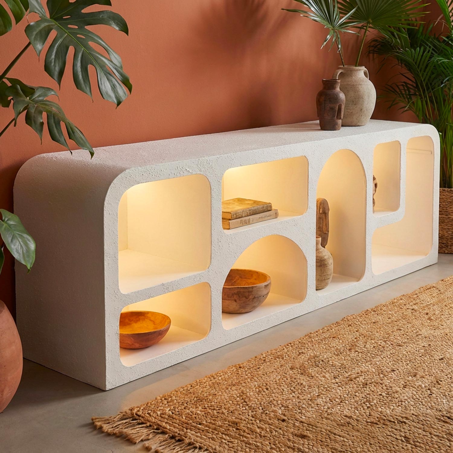 Buffet bas L160cm design arches avec LED intégrées Navalor Blanc