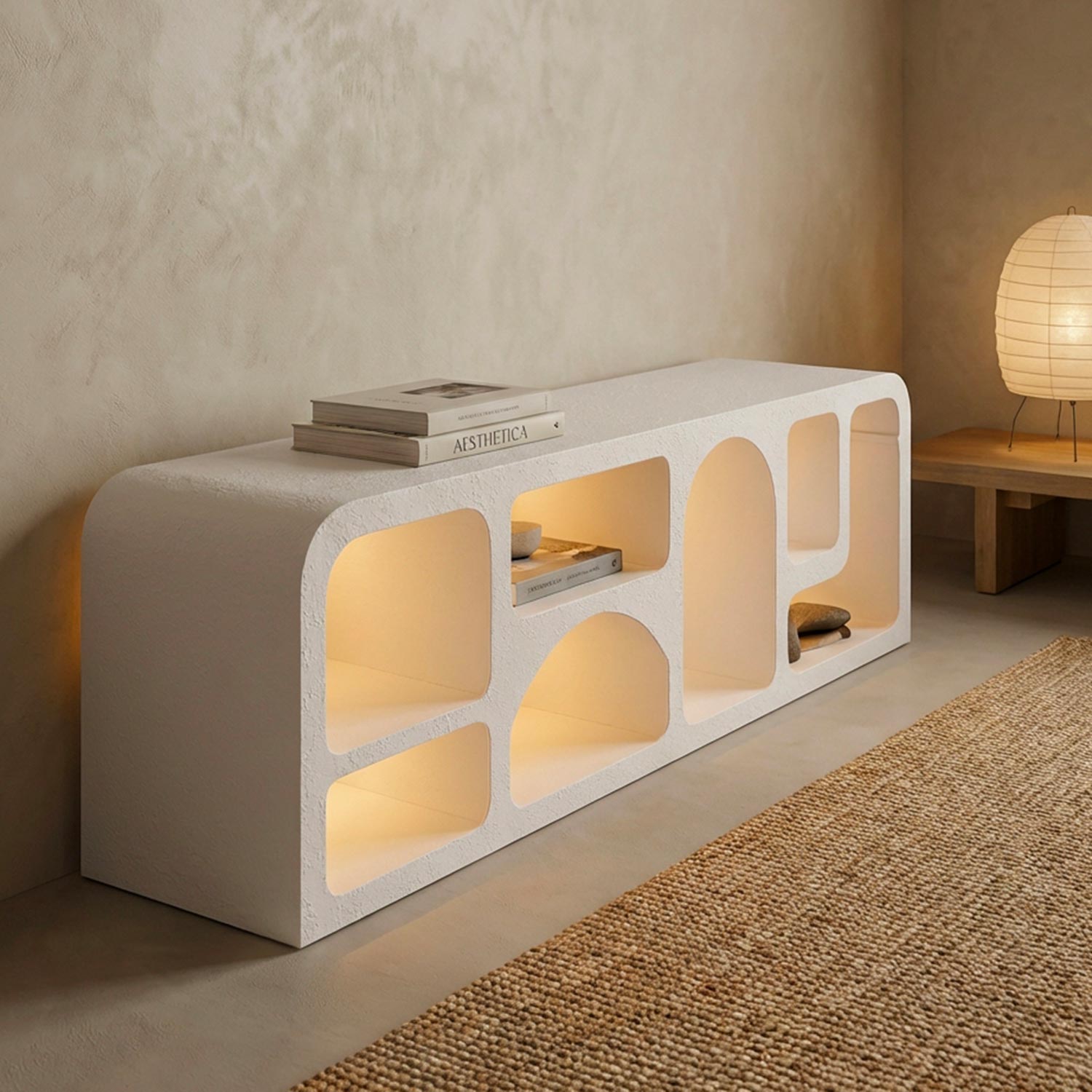 Buffet bas L160cm design arches avec LED intégrées Navalor Blanc