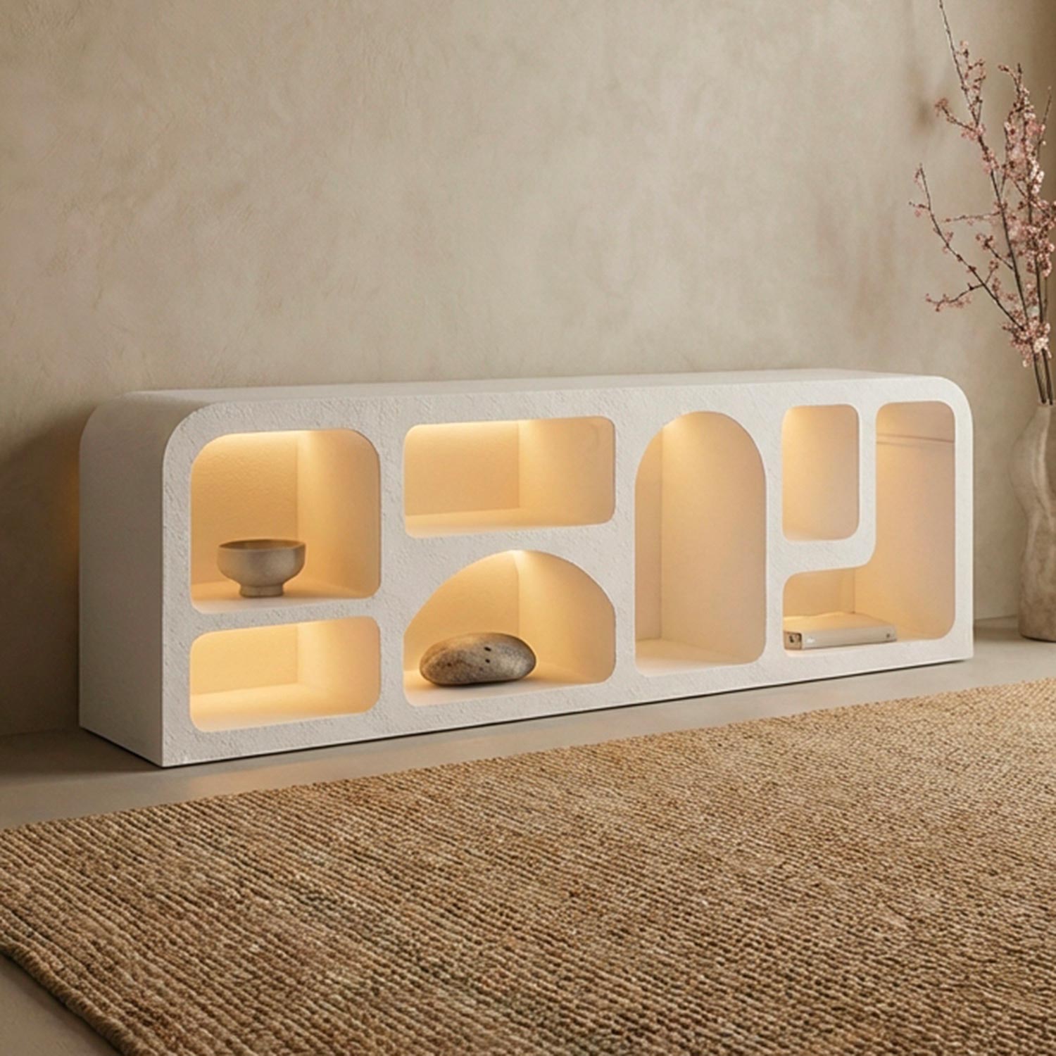 Buffet bas L160cm design arches avec LED intégrées Navalor Blanc