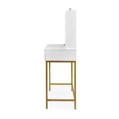 Coiffeuse avec miroir rond lumineux Cezaria 90 cm blanc et or