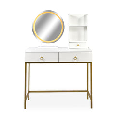 Coiffeuse avec miroir rond lumineux Cezaria 90 cm blanc et or