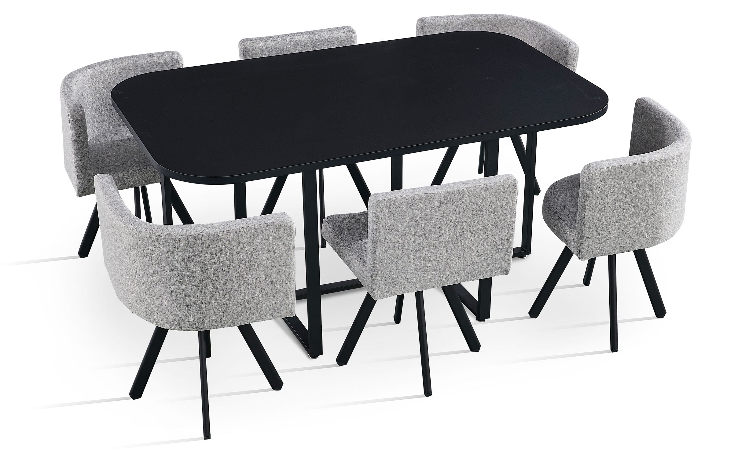 Table rectangulaire 150cm avec 6 chaises gain de place Oslo Noir et Tissu Gris