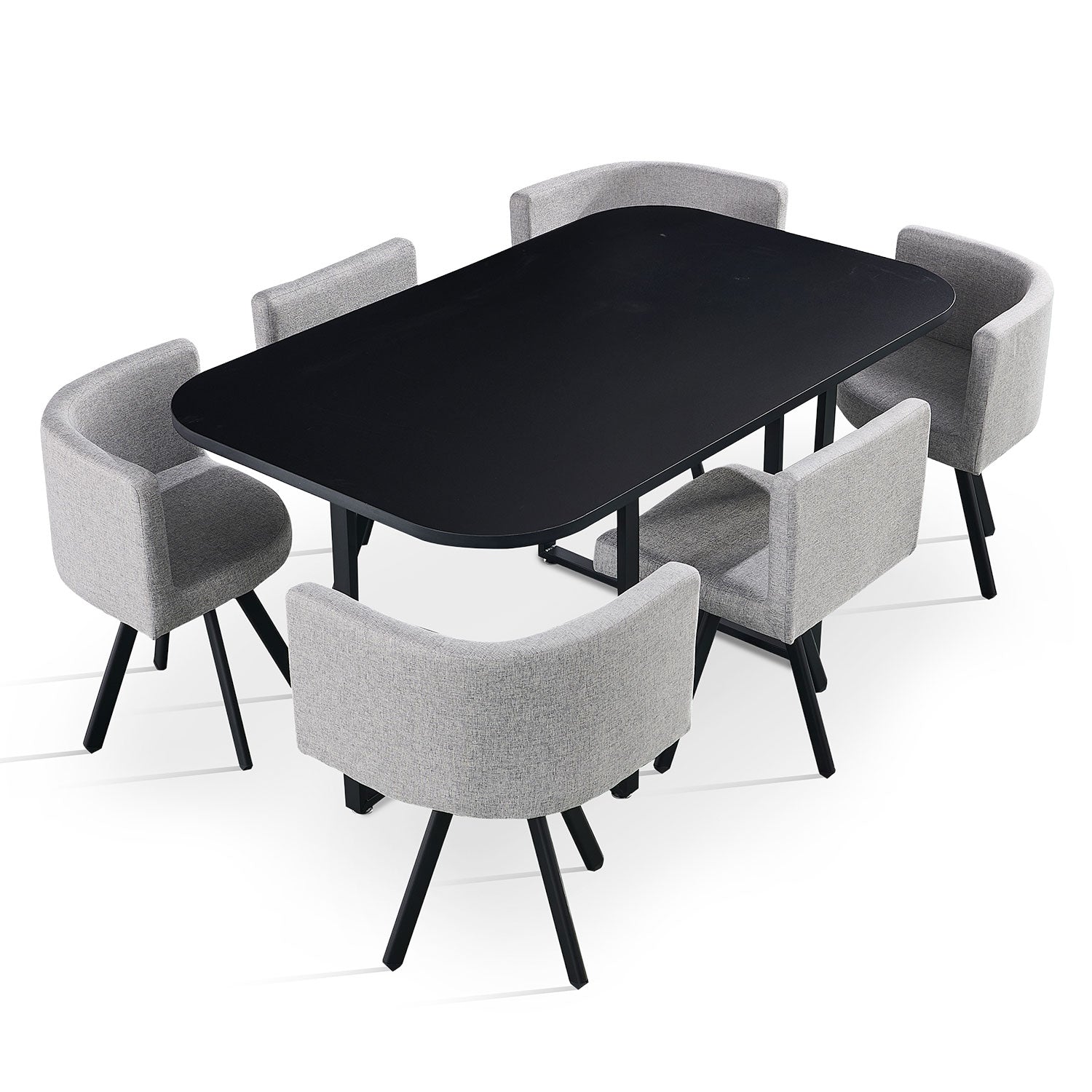 Table rectangulaire 150cm avec 6 chaises gain de place Oslo Noir et Tissu Gris