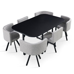 Table rectangulaire 150cm avec 6 chaises gain de place Oslo Noir et Tissu Gris