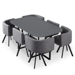 Table et 6 chaises matelassées gris et tissu, structure métal noir