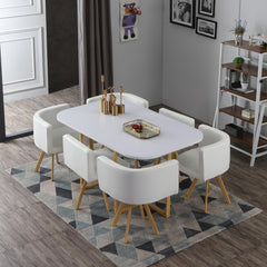 Table et ses 6 chaises en simili blanc Oslo XL plateau blanc et structure en métal effet bois