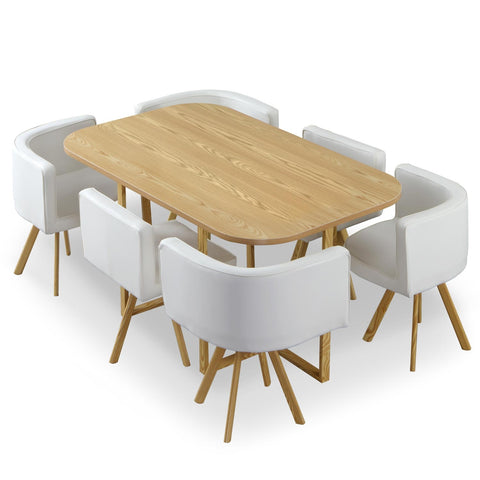 Table et ses 6 chaises en simili blanc Oslo XL plateau coloris chêne clair et structure en métal effet bois