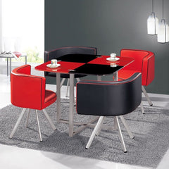 Table carrée en verre 90 avec 4 chaises rouges et noires