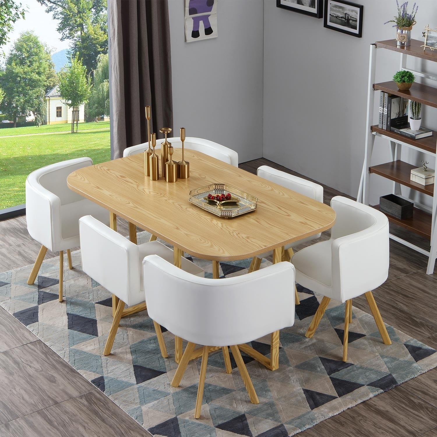 Table et ses 6 chaises en simili blanc Oslo XL plateau coloris chêne clair et structure en métal effet bois