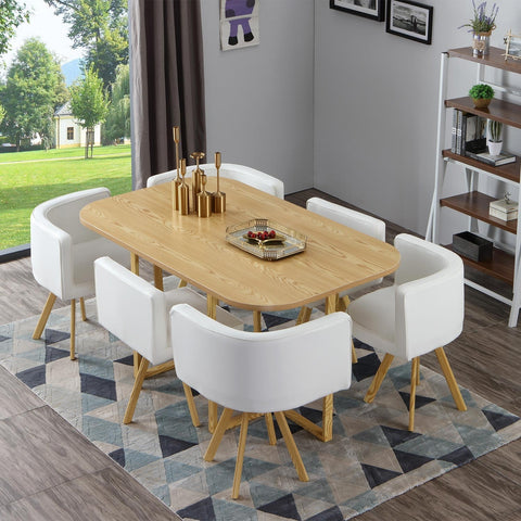 Table et ses 6 chaises en simili blanc Oslo XL plateau coloris chêne clair et structure en métal effet bois