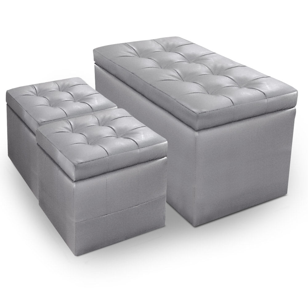Banquette-Coffre Panky et ses 2 poufs argent assortis