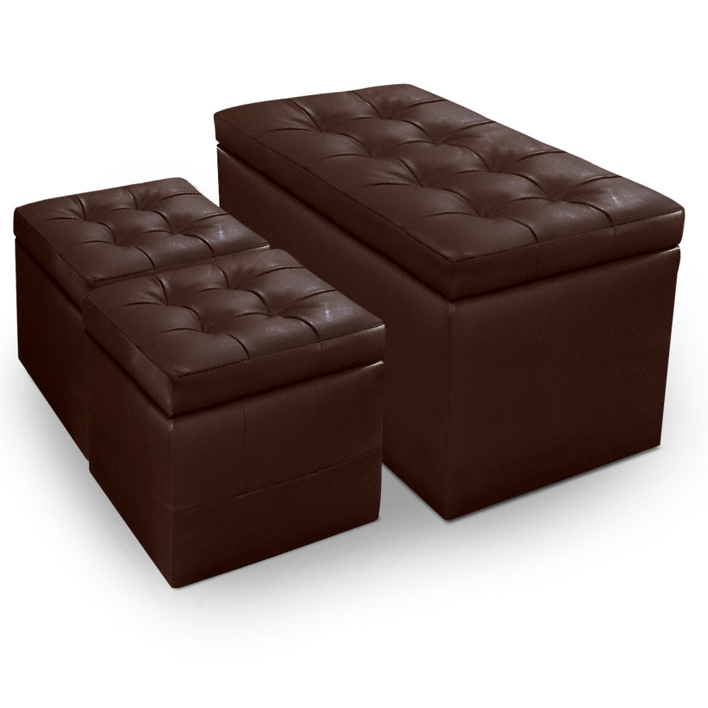 Banquette-Coffre Panky et ses 2 poufs marron assortis