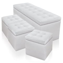 Banquette-Coffre Panky et ses 3 poufs blancs assortis