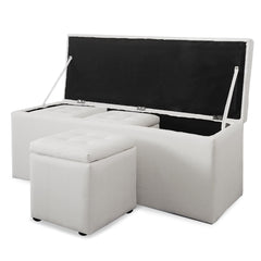 Banquette-Coffre Panky et ses 3 poufs blancs assortis