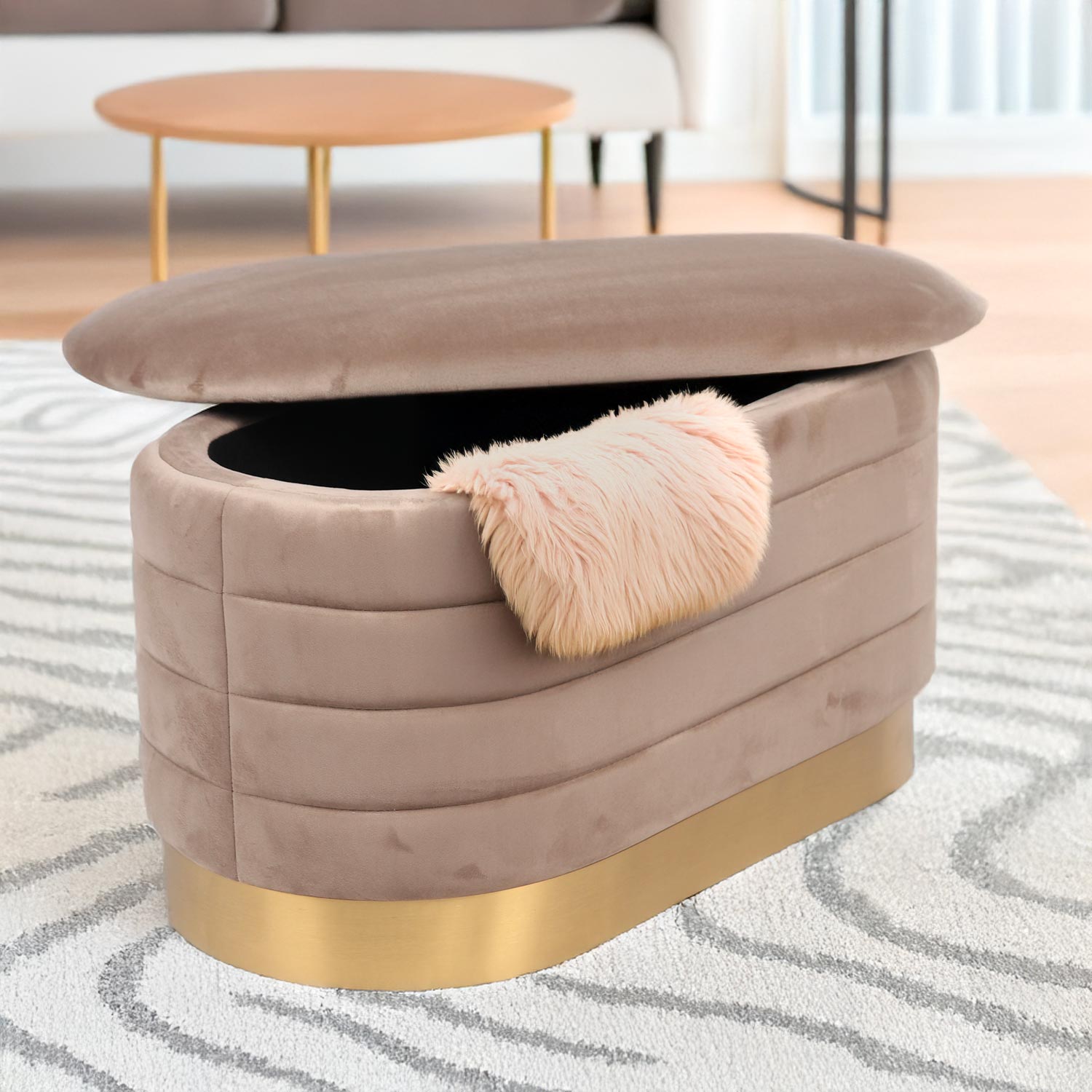 Banquette-coffre moderne matelassée avec base dorée Philae Velours Taupe