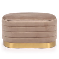 Banquette-coffre matelassée en velours taupe avec base dorée