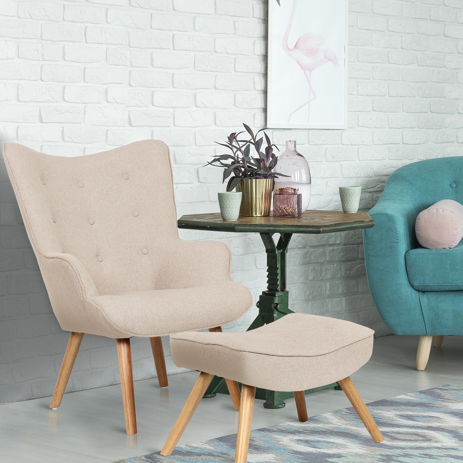 Fauteuil scandinave + pouf Lylou Tissu Beige en biais