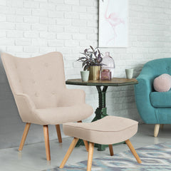 Fauteuil scandinave + pouf Lylou Tissu Beige en biais