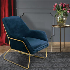 Fauteuil Claudio Velours Bleu pieds Métal Or