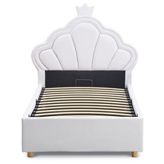 Lit simple avec tête de lit coquillage Cary et sommier relevable en simili blanc