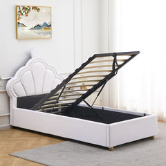 Lit simple avec tête de lit coquillage Cary et sommier relevable en simili blanc