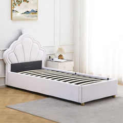 Lit simple avec tête de lit coquillage Cary et sommier relevable en simili blanc