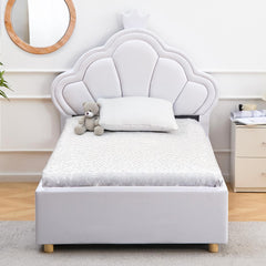 Lit simple avec tête de lit coquillage Cary et sommier relevable en simili blanc