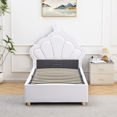 Lit simple avec tête de lit coquillage Cary et sommier relevable en simili blanc