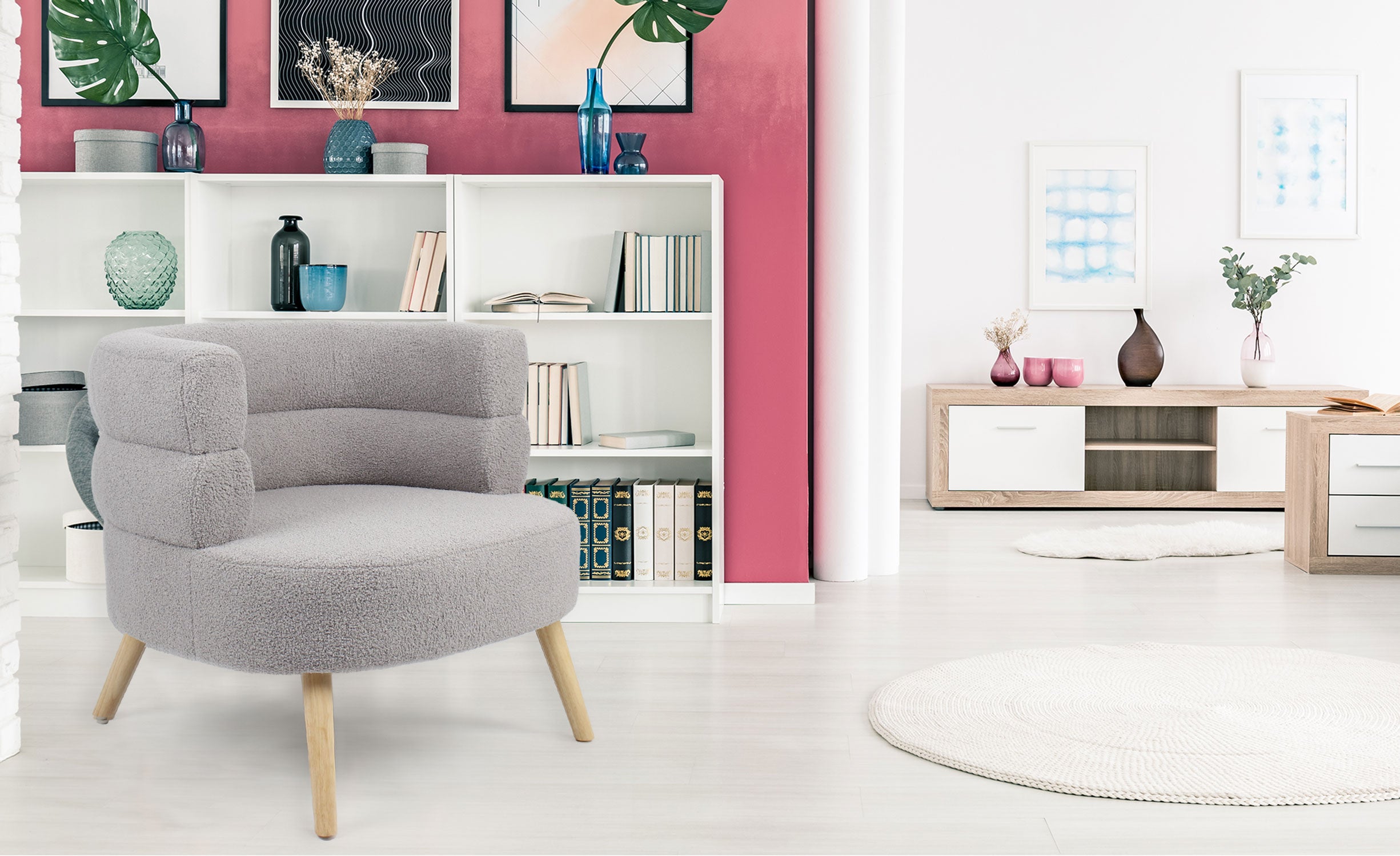 Fauteuil design arrondi Riviani Tissu bouclette Gris