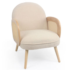Fauteuil bohème Binzo accoudoirs cannage et tissu bouclette beige