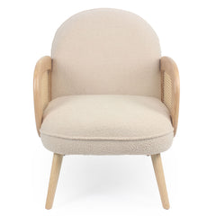 Fauteuil bohème Binzo accoudoirs cannage et tissu bouclette beige