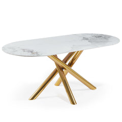 Table ovale 90x180cm Rusking Effet marbre blanc et pieds croisés Métal doré