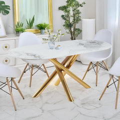 Table ovale 90x180cm Rusking Effet marbre blanc et pieds croisés Métal doré