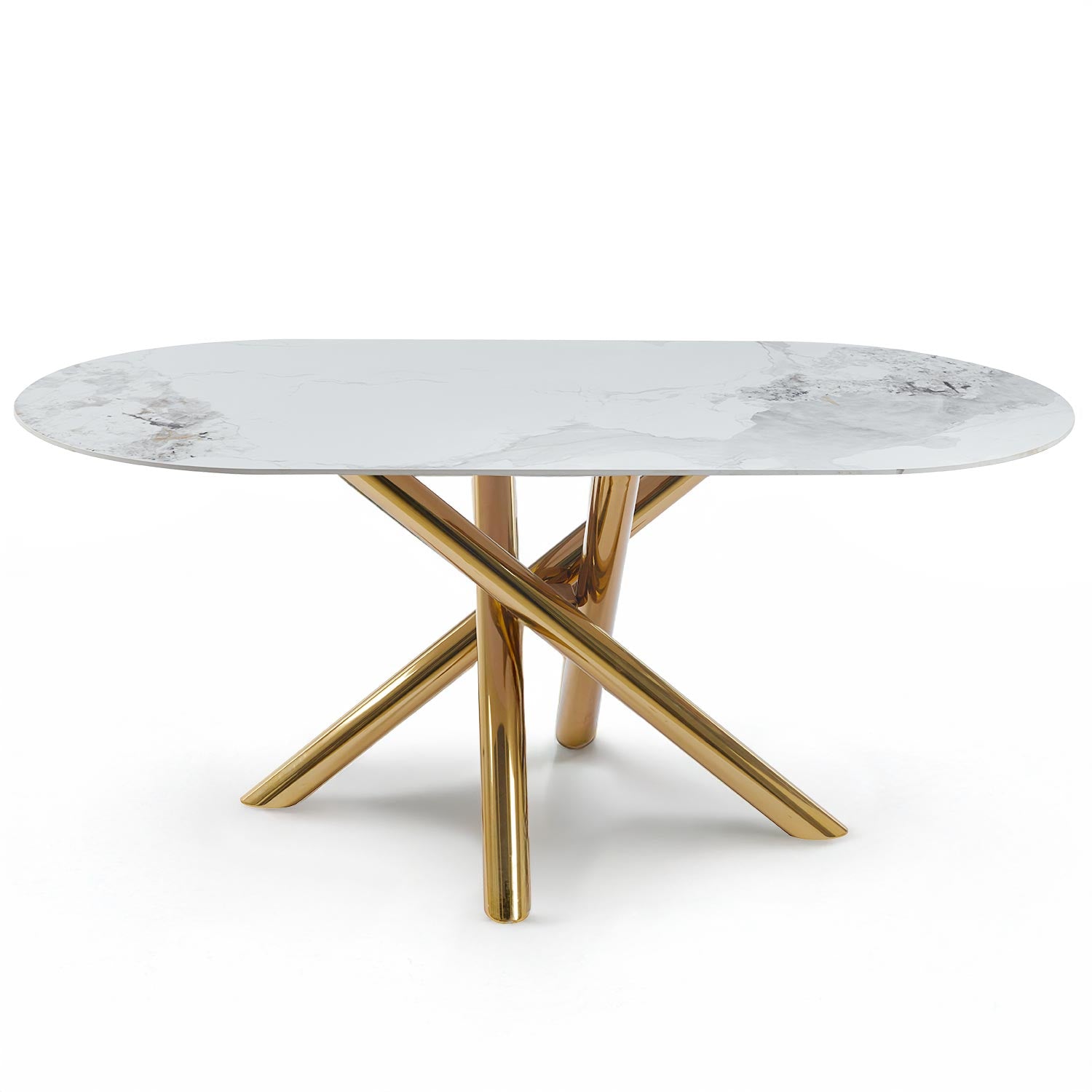 Table ovale 90x180cm Rusking Effet marbre blanc et pieds croisés Métal doré