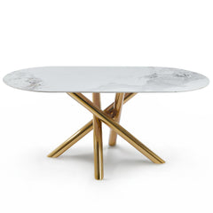 Table ovale 90x180cm Rusking Effet marbre blanc et pieds croisés Métal doré