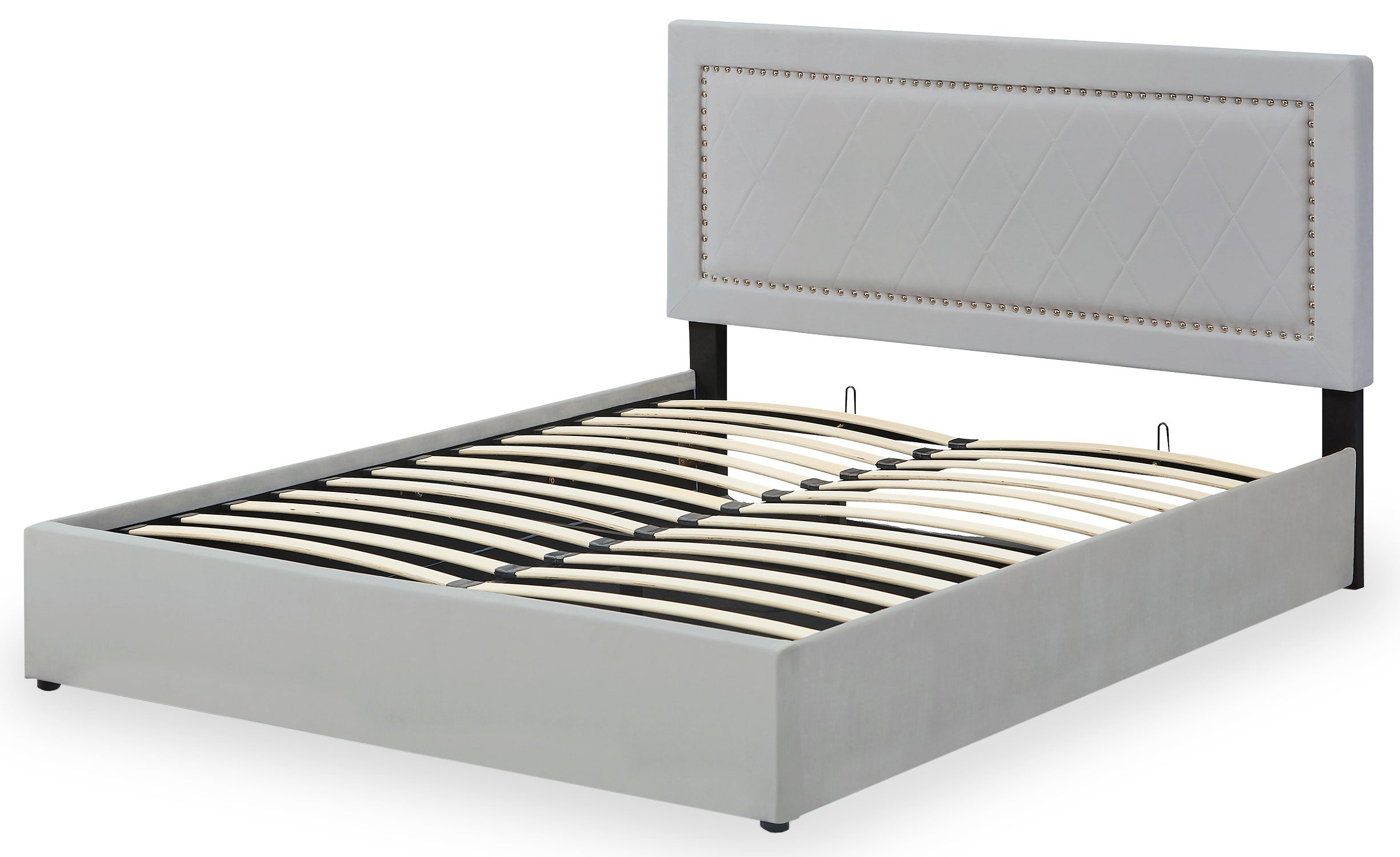 Lit coffre Sandiego avec sommier relevable 160x200cm et tête de lit cloutée Velours Gris clair