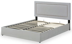 Lit coffre Sandiego avec sommier relevable 160x200cm et tête de lit cloutée Velours Gris clair
