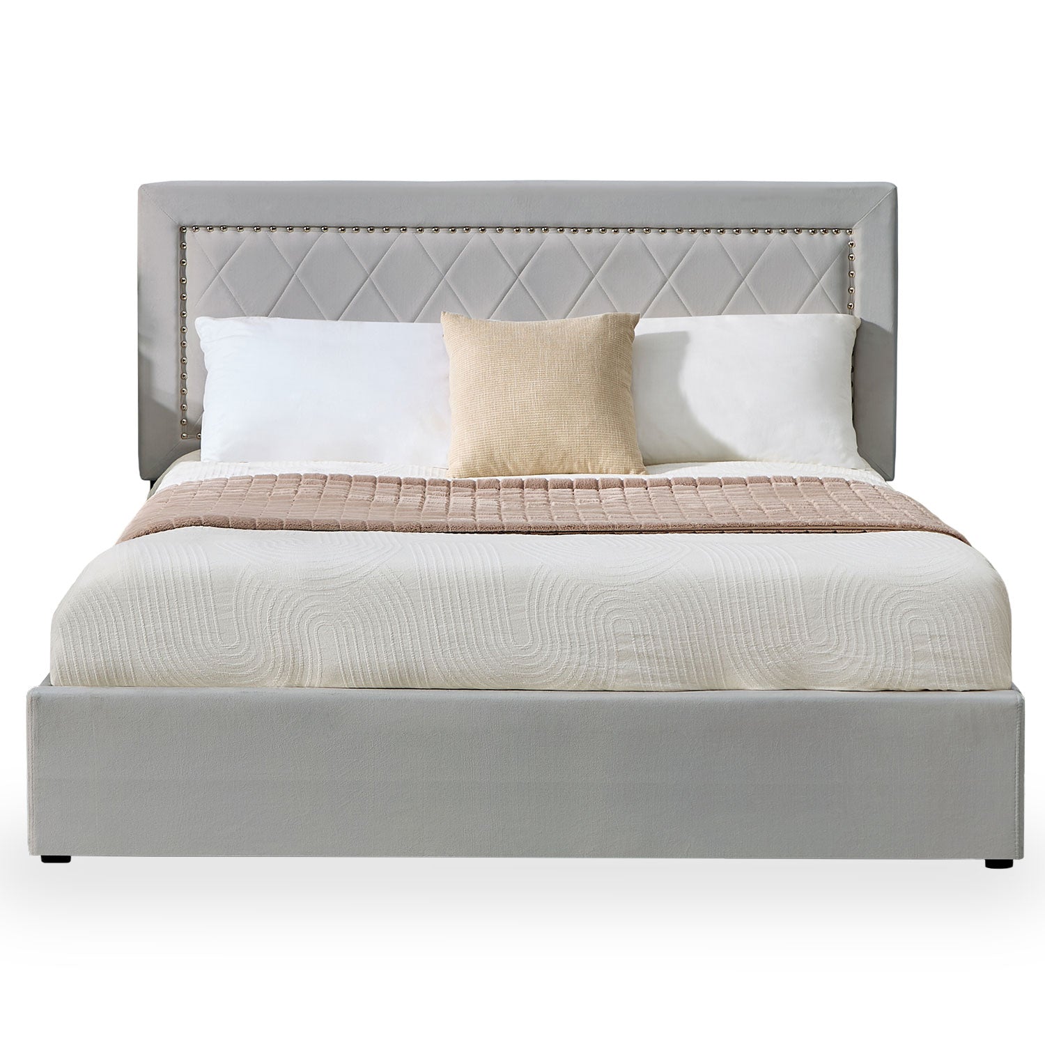 Lit coffre Sandiego avec sommier relevable 160x200cm et tête de lit cloutée Velours Gris clair
