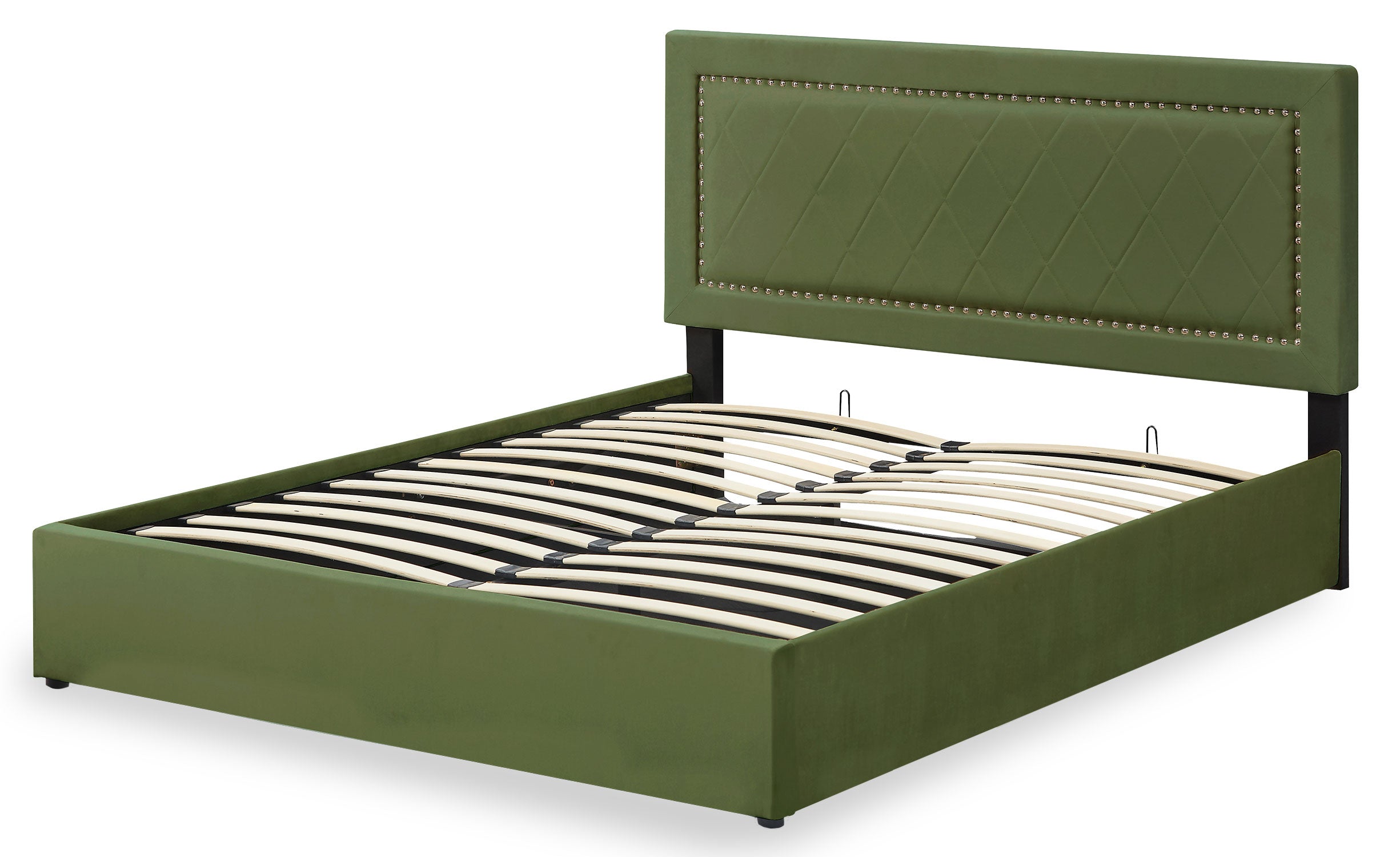 Lit coffre Sandiego avec sommier relevable 160x200cm et tête de lit cloutée Velours Kaki