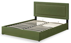 Lit coffre Sandiego avec sommier relevable 160x200cm et tête de lit cloutée Velours Kaki