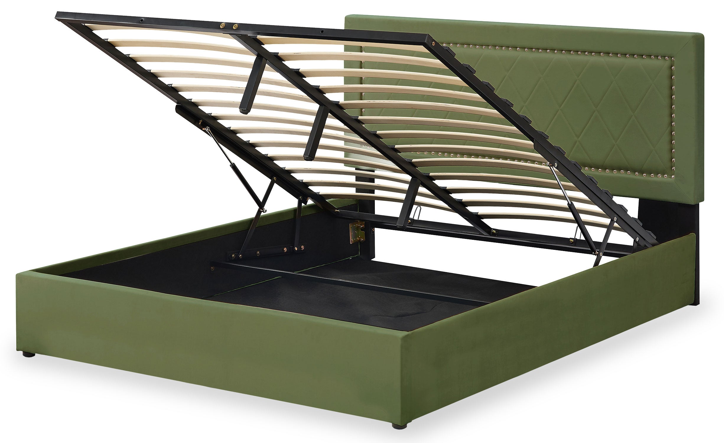 Lit coffre Sandiego avec sommier relevable 160x200cm et tête de lit cloutée Velours Kaki