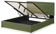 Lit coffre Sandiego avec sommier relevable 160x200cm et tête de lit cloutée Velours Kaki