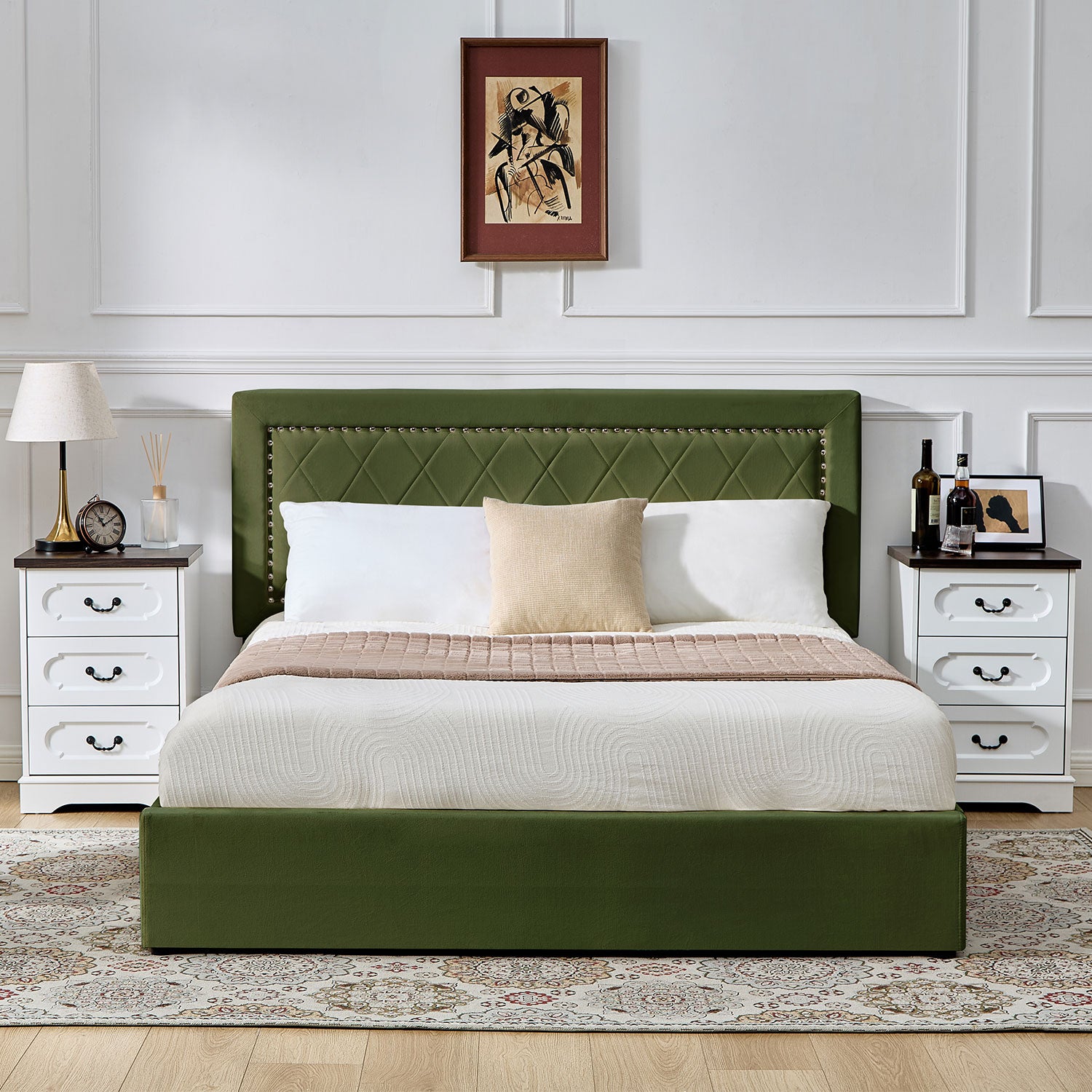 Lit coffre Sandiego avec sommier relevable 160x200cm et tête de lit cloutée Velours Kaki